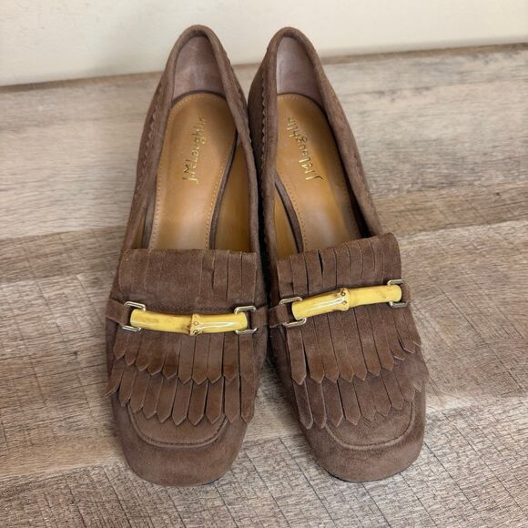 J.McLaughlin Brown Suede Fringe Loafers Block Heel Bamboo Bit Womens 6.5 - Picture 2 of 7